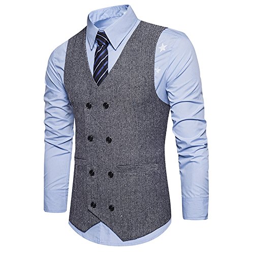 routinfly Herren Formale Tweed Check Zweireihige Anzugweste Herren Retro Slim Fit Weste Anzugjacke von routinfly