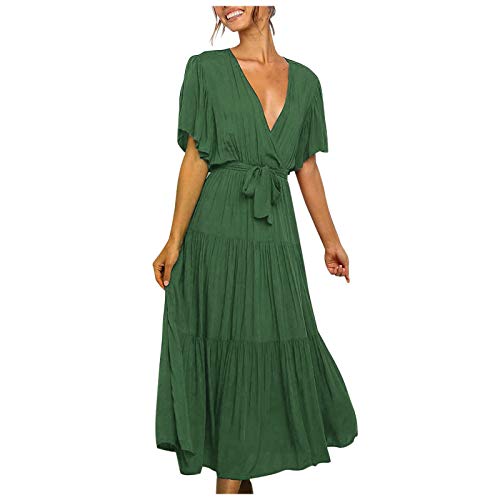 routinfly Lässige Mode für Damen, einfarbig, V-Ausschnitt, Schnürung, ausgestellte Ärmel, Spleißkleid, Midikleid, Langarmkleid von routinfly