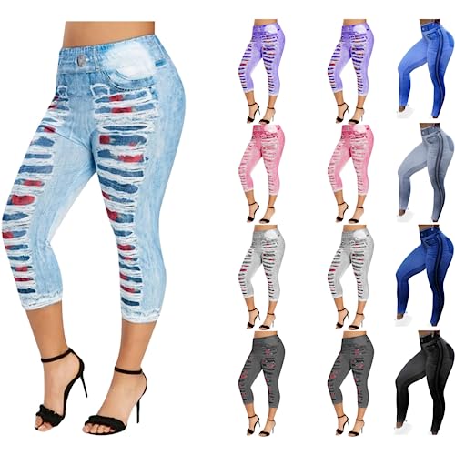 routinfly Leggings FüR Damen Hohe Taille Workout Yoga Hosen Plus GrößE FüR Damen Capri Sexy Damen Hosen Casual Sommer Imitation Denim Gedruckt Hosen Fitness Hosen Sweatpants Streetwear Mit Taschen von routinfly