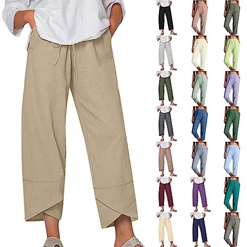 routinfly Leinenhose Damen Sommer LäSsig Capri Hosen Lose Haremshose Strandhose Mit Taschen Kordelzug Elastische Hohe Taille Baumwolle Leinen Hose Weitem Bein Freizeithose Arbeit Lange Cropped Hose von routinfly