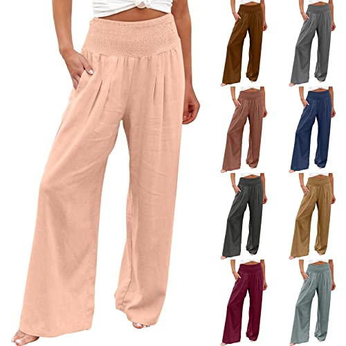 routinfly Leinenhose Damen Sommer Leichte Weite Hose Elegant Hohe Elastische Taille Baumwolle Leinen Casual Einfarbig Boho Sommerhose Gesmokte Palazzo Freizeithose Sporthose Yogahose Mit Taschen von routinfly