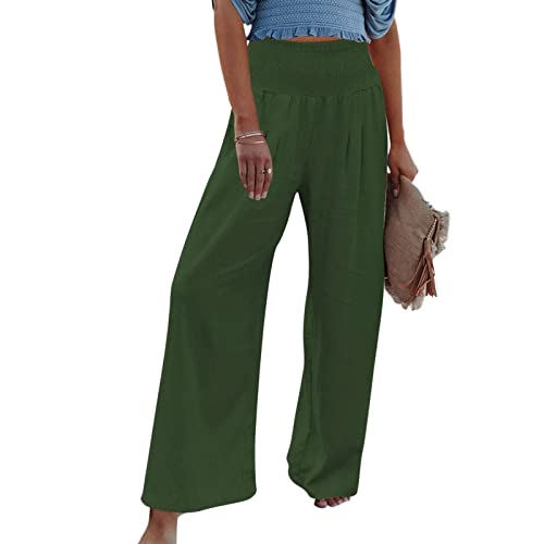 routinfly Leinenhose Damen Sommer Leichte Weite Hose Elegant Hohe Elastische Taille Baumwolle Leinen Casual Einfarbig Boho Sommerhose Gesmokte Palazzo Freizeithose Sporthose Yogahose Mit Taschen von routinfly