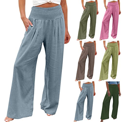 routinfly Leinenhose Damen Sommer Leichte Weite Hose Elegant Hohe Elastische Taille Baumwolle Leinen Casual Einfarbig Boho Sommerhose Gesmokte Palazzo Freizeithose Sporthose Yogahose Mit Taschen von routinfly