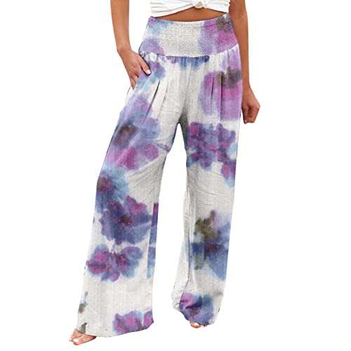 routinfly Leinenhose Damen Sommer Leichte Weite Hose Elegant Hohe Elastische Taille Baumwolle Leinen Casual Einfarbig Boho Sommerhose Gesmokte Palazzo Freizeithose Sporthose Yogahose Mit Taschen von routinfly