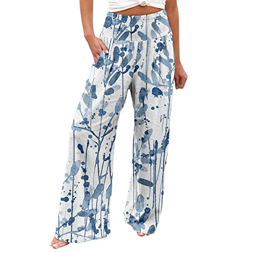 routinfly Leinenhose Damen Sommer Leichte Weite Hose Elegant Hohe Elastische Taille Baumwolle Leinen Casual Einfarbig Boho Sommerhose Gesmokte Palazzo Freizeithose Sporthose Yogahose Mit Taschen von routinfly