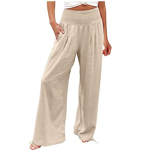 routinfly Leinenhose Damen Sommer Leichte Weite Hose Elegant Hohe Elastische Taille Baumwolle Leinen Casual Einfarbig Boho Sommerhose Gesmokte Palazzo Freizeithose Sporthose Yogahose Mit Taschen von routinfly