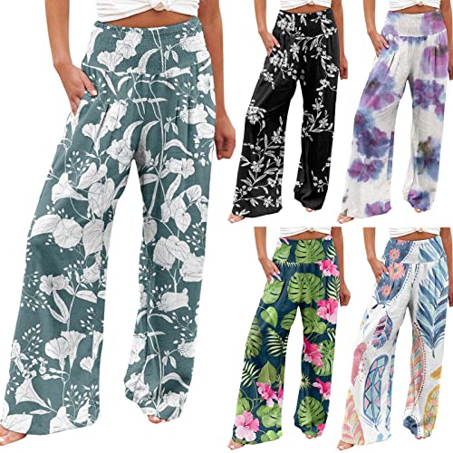 routinfly Leinenhose Damen Sommer Leichte Weite Hose Elegant Hohe Elastische Taille Baumwolle Leinen Casual Einfarbig Boho Sommerhose Gesmokte Palazzo Freizeithose Sporthose Yogahose Mit Taschen von routinfly