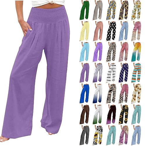 routinfly Leinenhose Damen Sommer Leichte Weite Hose Elegant Hohe Elastische Taille Baumwolle Leinen Casual Einfarbig Boho Sommerhose Gesmokte Palazzo Freizeithose Sporthose Yogahose Mit Taschen von routinfly