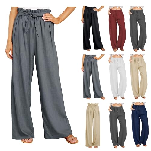 routinfly Leinenhosen Damen Kordelzug Elastische Taille Sommerhosen Baumwolle Leinen Hohe Taille Weites Bein Hose Elegant Atmungsaktiv Palazzo Hose Lose Strandhose Mit Taschen Jogginghose von routinfly