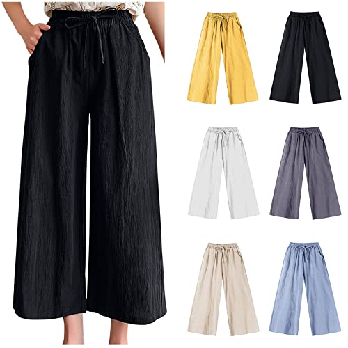 routinfly Sommerhosen Damen Baumwolle Leinen Hosen Damen Leichte Lässige Hohe Taille Gerade Weite Beinhose Schlicht Lose Hose Slip On Hose Drawstring Luftige Jogginghose Yoga Hose Mit Taschen von routinfly