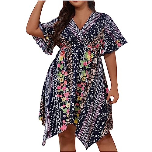 routinfly Sommerkleid Strandkleid Damenkleid Sommer Casual Plus Größe Damen Elegant Kreuz V Ausschnitt Sexy Kleid Kurzarm Bedrucktes Kleid Lose Flare Ärmel Urlaubskleid Partykleid Clubkleid Festkleid von routinfly