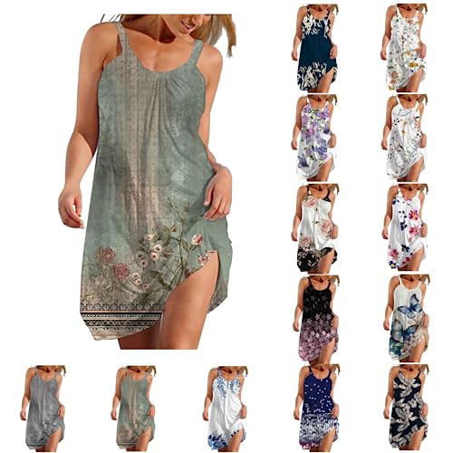 routinfly Strandkleid Damen Sommer Trägerlos Kleid Damen Knielang Ärmellos Boho Kleid Bedruckt Urlaub Hawaii Midikleid Sexy Vintage Freizeitkleider Club Partykleid Minikleid Nachthemd von routinfly