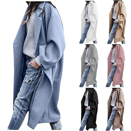 routinfly Winter FreizeitmäNtel FüR Damen Bluse Warm Winddicht Jackenmantel LangäRmelig Schmaler Mantel Einfarbig Revers Taschenknopf Langer Wollmantel Umlegekragen Elegante Strickjacke von routinfly