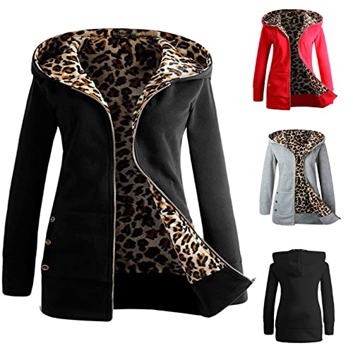 routinfly Wintermantel Damen Warme Fleecejacke Leopard Gefütterter Winter Mantel jacke Outdoorjacke Damen Winterjacke Mittellang Winterparka Wintermantel Dicker Coat Lang Übergangsjacke Mit Kapuze von routinfly