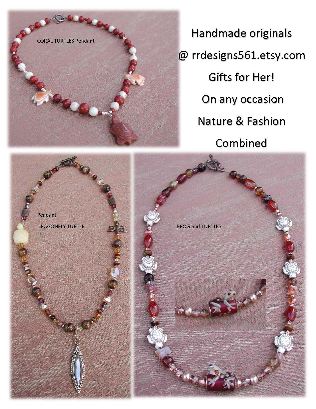 Perlenkette, Frosch Und Schildkröten, Anhänger Halskette, Koralle Schildkröte, Libelle Erdton Schmuck, Boho Natur, Knebelverschluss von rrdesigns561