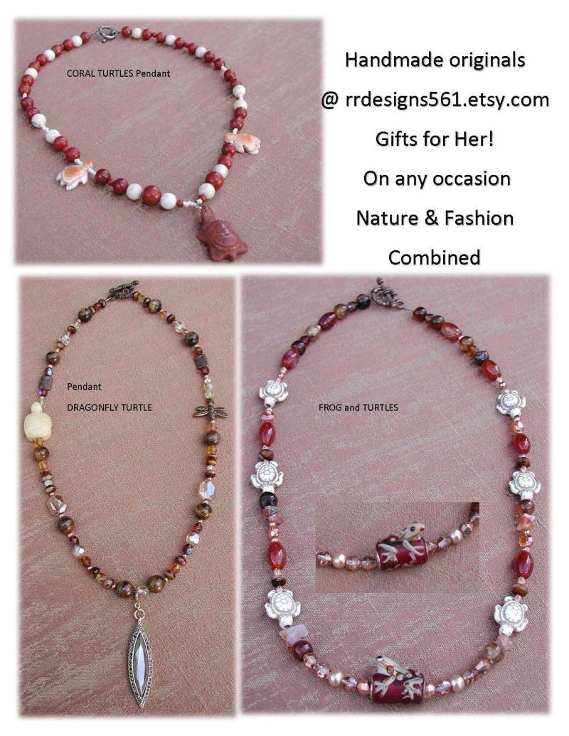 Perlenkette, Frosch Und Schildkröten, Anhänger Halskette, Koralle Schildkröte, Libelle Erdton Schmuck, Boho Natur, Knebelverschluss von rrdesigns561