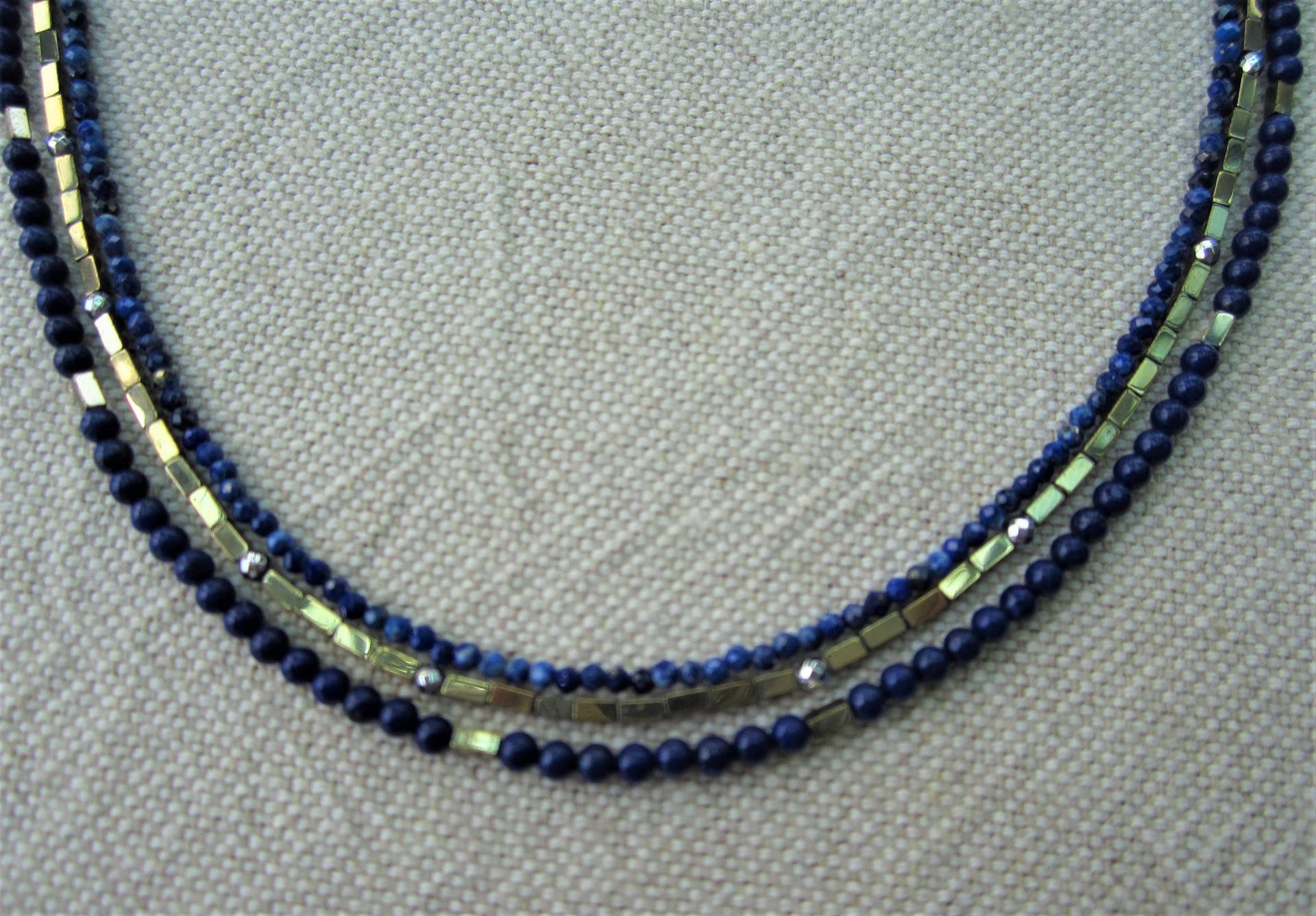 Edelsteinkette, Lapis Lazuli, Hämatit, 925 Silber, 3 Reihig , Seltenes Fundstück von rrsteinschmuckshop