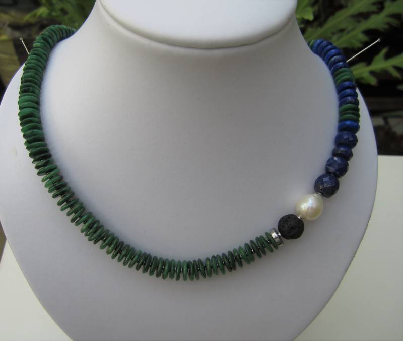 Einzigartig Und Edel, Lapislazuli Button 8 X 3mm, Prasem Scheiben 2mm, Lava Kugel 10mm, Barockperle 10 12mm, Hämatit, 925 Silber Einzigartig Und Edel, Lapislazuli Button 8 X 3mm, Prasem Scheiben 2mm, Lava Kugel 10mm, Barockperle 10 12mm, Hämatit, 925 Silber von rrsteinschmuckshop