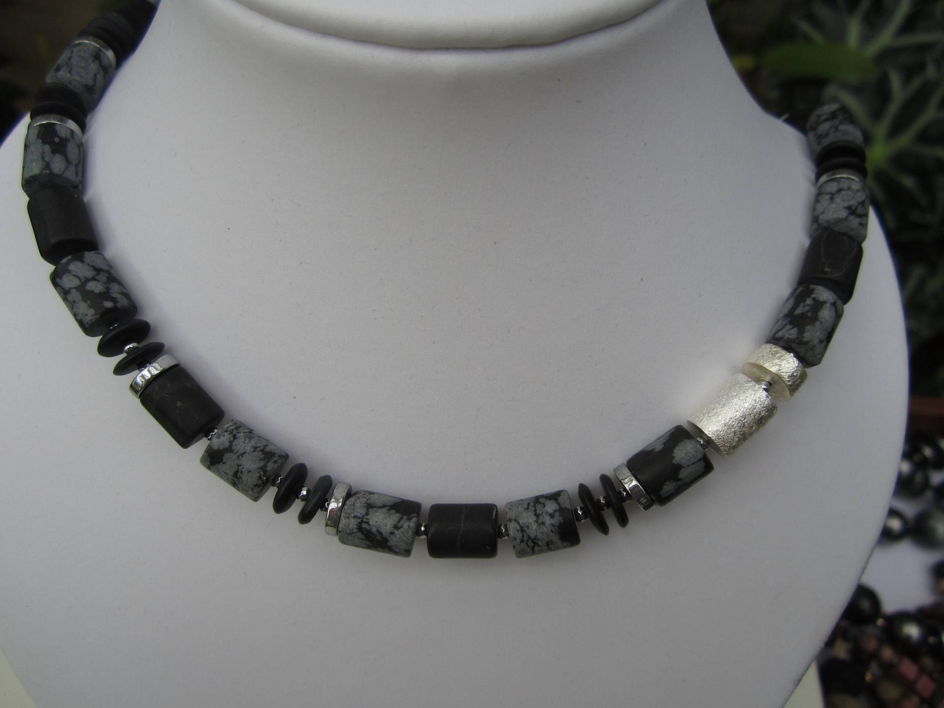 Onyx Walzen Matt 10 X 8 Mm, Schneeflocken Obsidian Scheiben 2Mm, 925 Silber von rrsteinschmuckshop