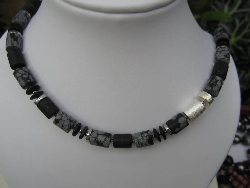 Onyx Walzen Matt 10 X 8 Mm, Schneeflocken Obsidian Scheiben 2Mm, 925 Silber Onyx Walzen Matt 10 X 8 Mm, Schneeflocken Obsidian Scheiben 2Mm, 925 Silber von rrsteinschmuckshop