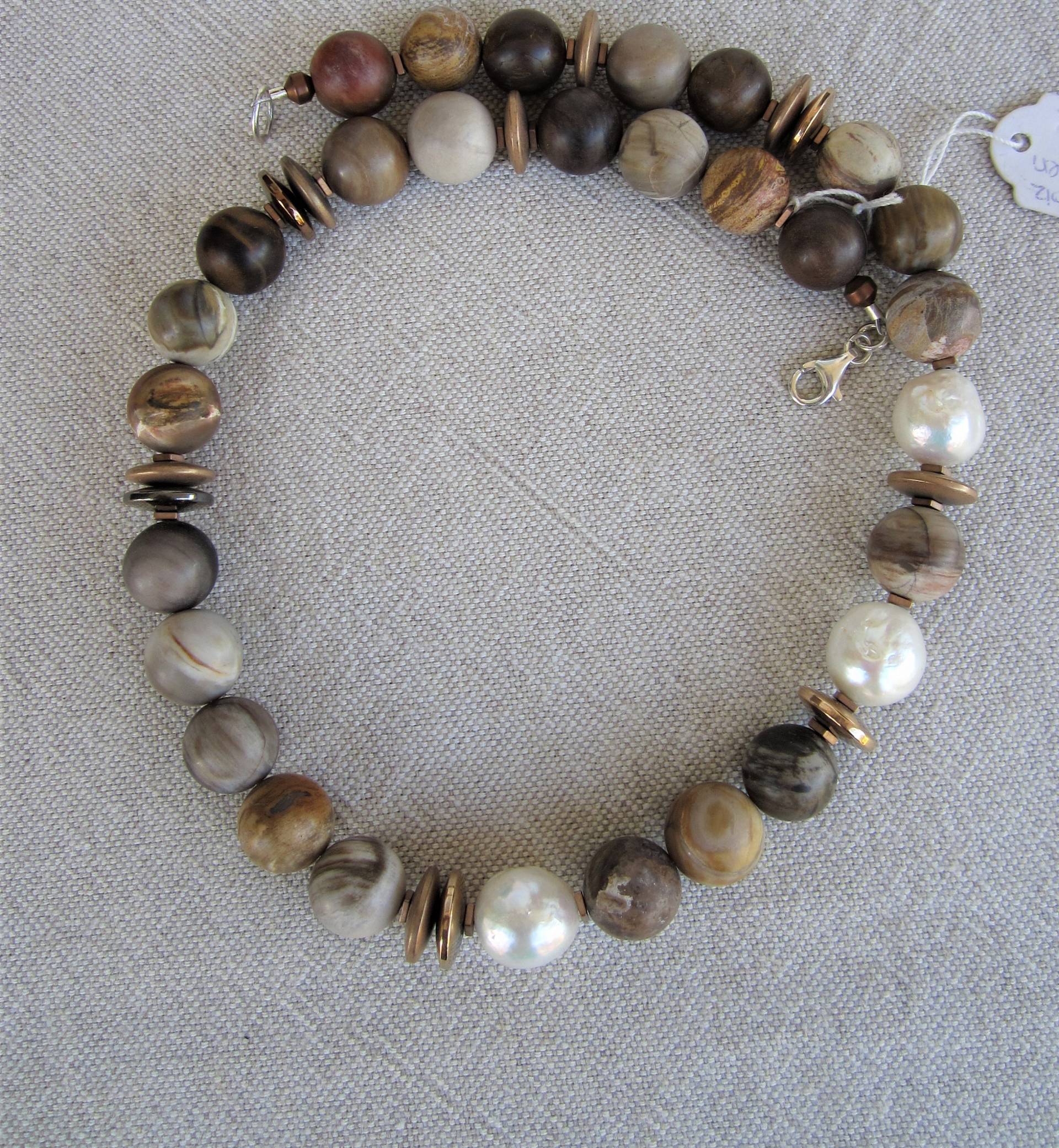 Versteinertes Holz Matt, Barockperlen, Asiemetrisch Verarbeitet. 925 Silber , Ein Seltenes Fundstück von rrsteinschmuckshop