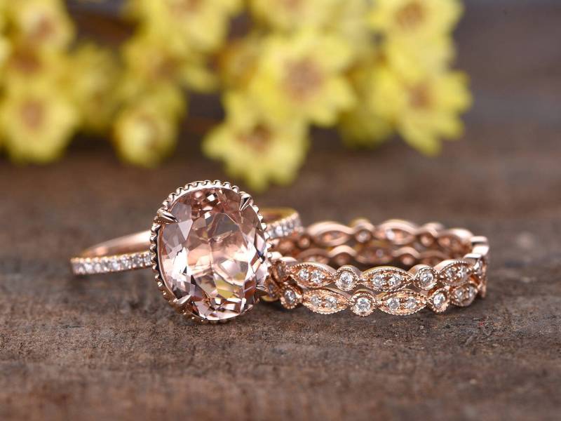 4.5Ctw Morganit Engagemenet Ring Set Roségold Art Deco Diamant Eheringe Unikat Vintage Filigran 9x11mm 14K Hochzeitsset von rststudio