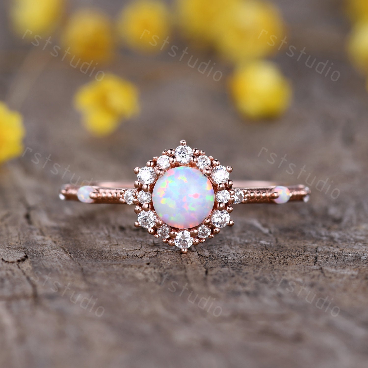 5mm Rundschliff Opal Verlobungsring Vintage Ehering Damen Jahrestag Diamant Ring Rosegold 925 Sterling Silber Schmuck von rststudio