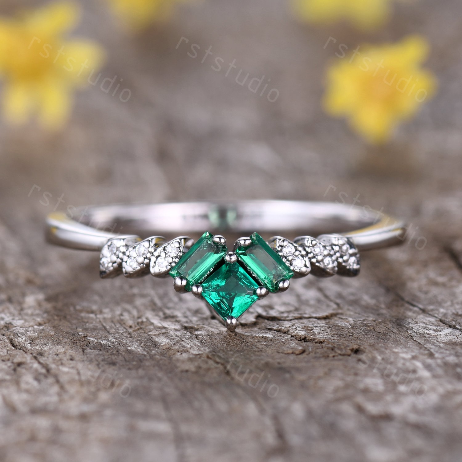 Antik Prinzessin Schliff Smaragd Ring Diamant Ehering, Marquise Baguette Grün Smaragd, Smaragd Verlobungsring Jahrestag Geschenke Frauen von rststudio