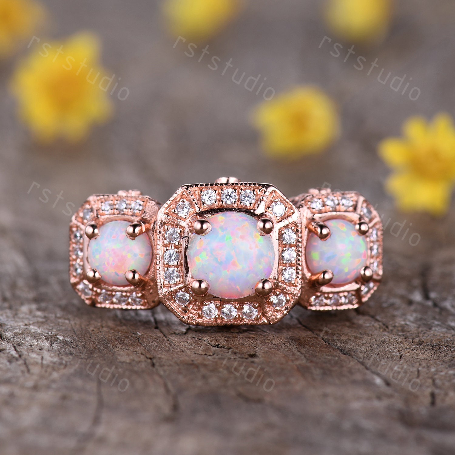 Antike Opal Verlobungsringe 14K 18K Roségold, Stapel Opal Ring, Diamant Eheringe, Ringe Für Frauen Schmuck Geburtsstein Ring von rststudio