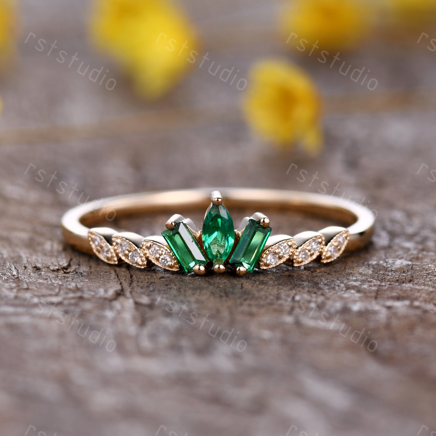 Antiker Smaragd Ring Diamant Ehering, Marquise Baguette Schliff, Verlobungsring, Schmuck Personalisierte Geschenke Für Frauen von rststudio