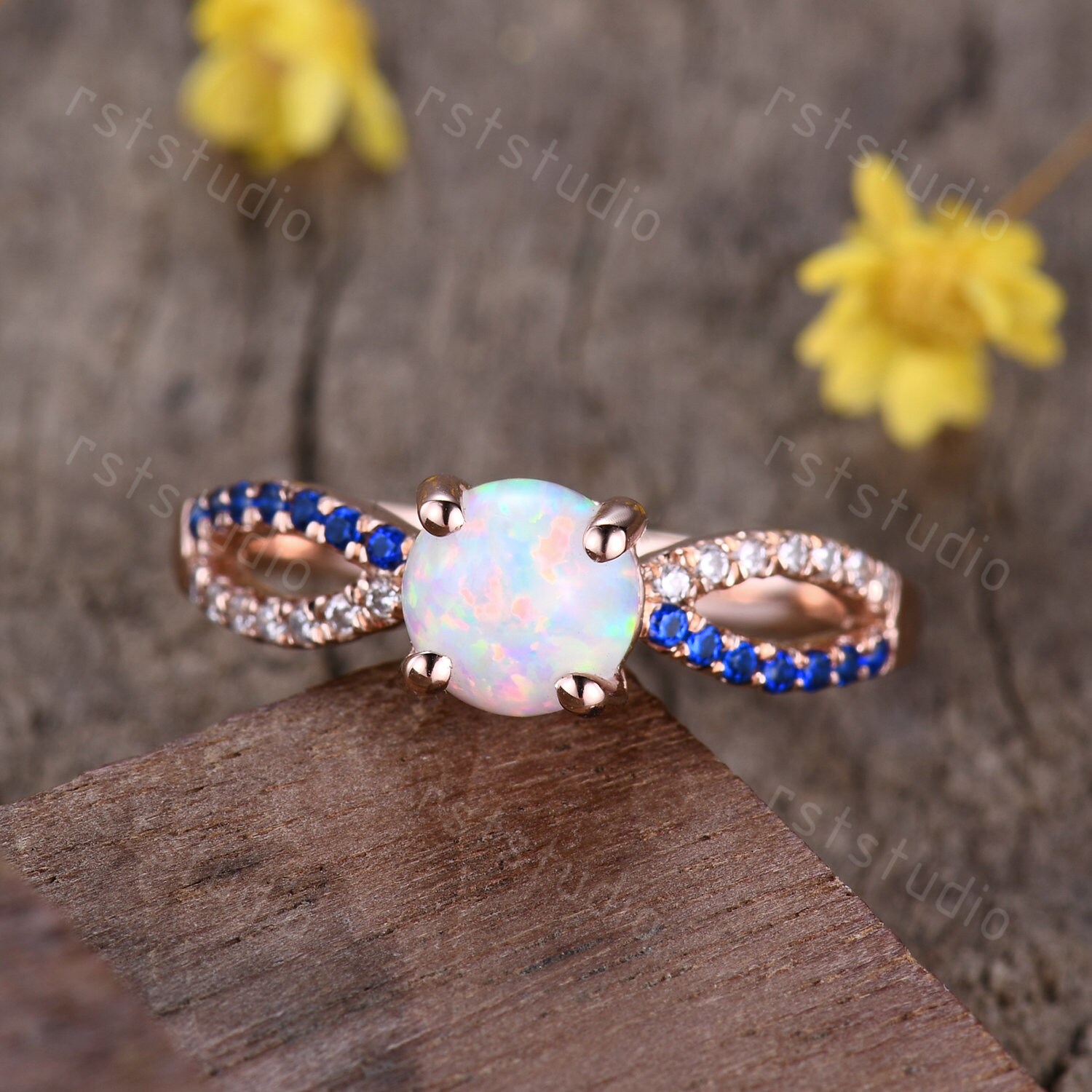 Einzigartiger Opal Ring Verlobungsring 14K Roségold, Saphir Diamant Ring, Split Shank Antik Schmuck Ringe Für Frauen Jubiläum von rststudio