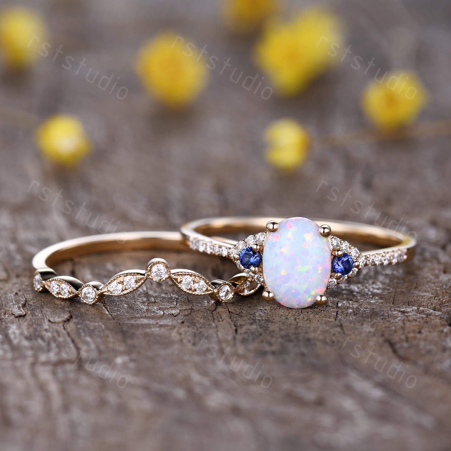 Gelbgold Opal Ring Verlobungsring Vintage Saphir Ring, Diamant Band, Opal Schmuck Antik Ringe Für Frauen Personalisierte Geschenke Silber von rststudio