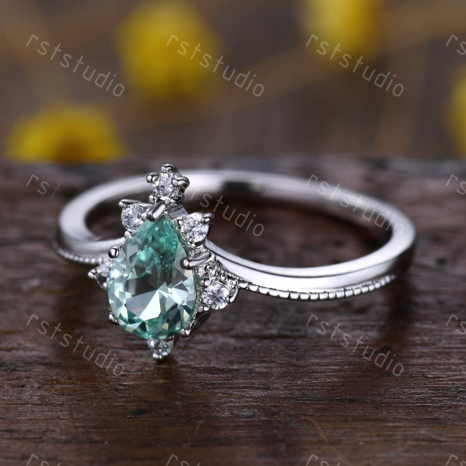 Grüner Saphir Engagament Ring Set Birnenform, Diamant Ehering Trauring Individuell Schmuck 14K Weißgold Versprechen von rststudio