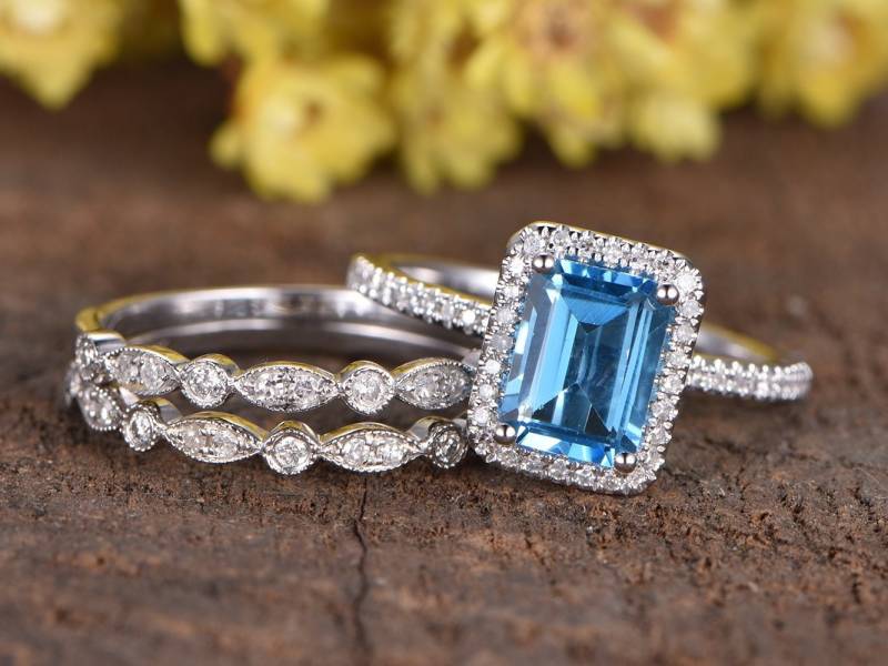 Himmel Blau Topas Verlobungsring Set Art Deco Diamant Ehering 3 Stücke Hochzeit Ring 6x8mm Smaragd Cut Edelstein Versprechen 14K Gold von rststudio