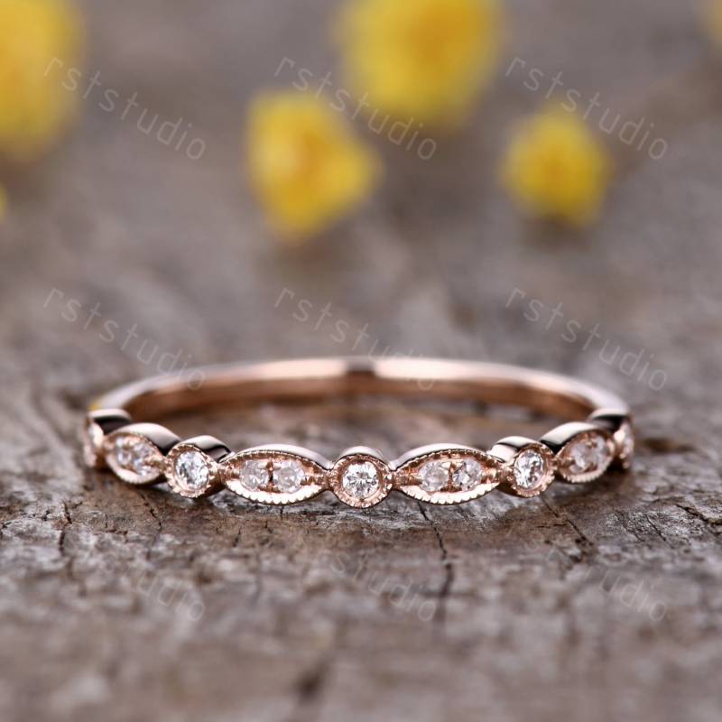 Marquise Diamant Ehering 14K Roségold Milgrain Braut Trauring Halb Ewigkeit Band Jubiläumsring Retro Stapelband von rststudio