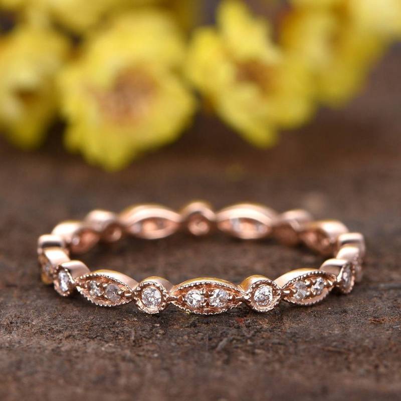 Marquise Diamant Ehering Milgrain Diamantring Trauring Solid 14K Roségold Full Eternity Band Si-H Ring Jubiläumsring von rststudio