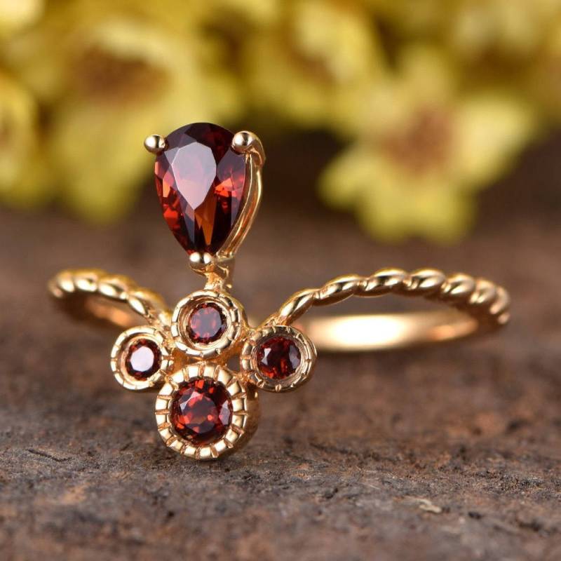 Natürlicher Granat Verlobungsring Massiver 14K Roségold Birnenschliff Ring Floral Ehering Braut Versprechend Jahrestag Uni von rststudio