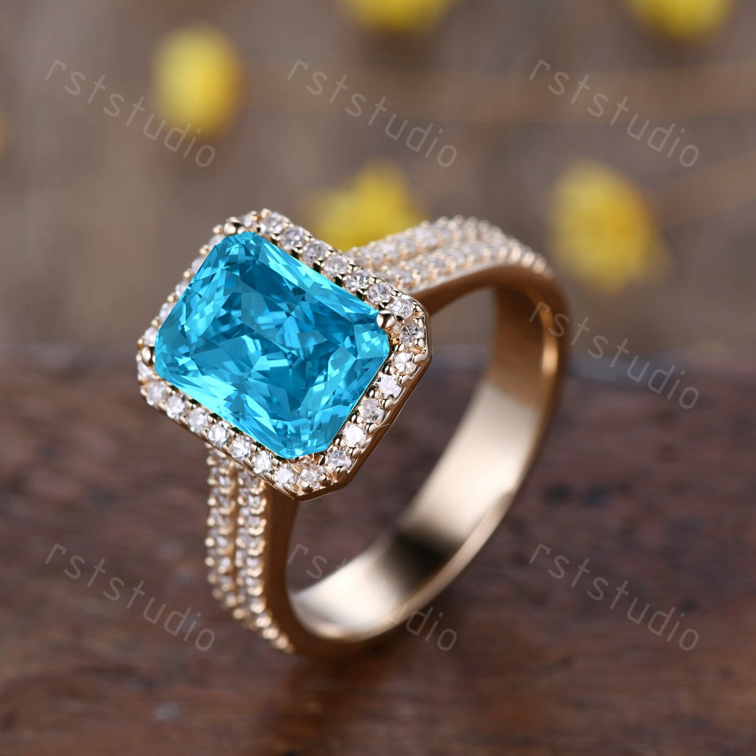 Smaragdschliff Vs Schweizer Blautopas Verlobungsring Topas Ring Diamant Ehering 8x10mm Jubiläumsringe Für Frauen Extra 4mm Big Band von rststudio