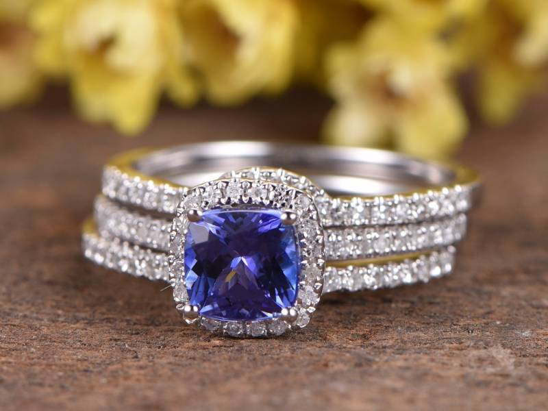 Tansanit Verlobungsring Set Einzigartige Diamant Korb Ring 6mm Kissen Natürlichen Blau Edelstein Kurve Hochzeit Band 3 Stück Weißgold von rststudio