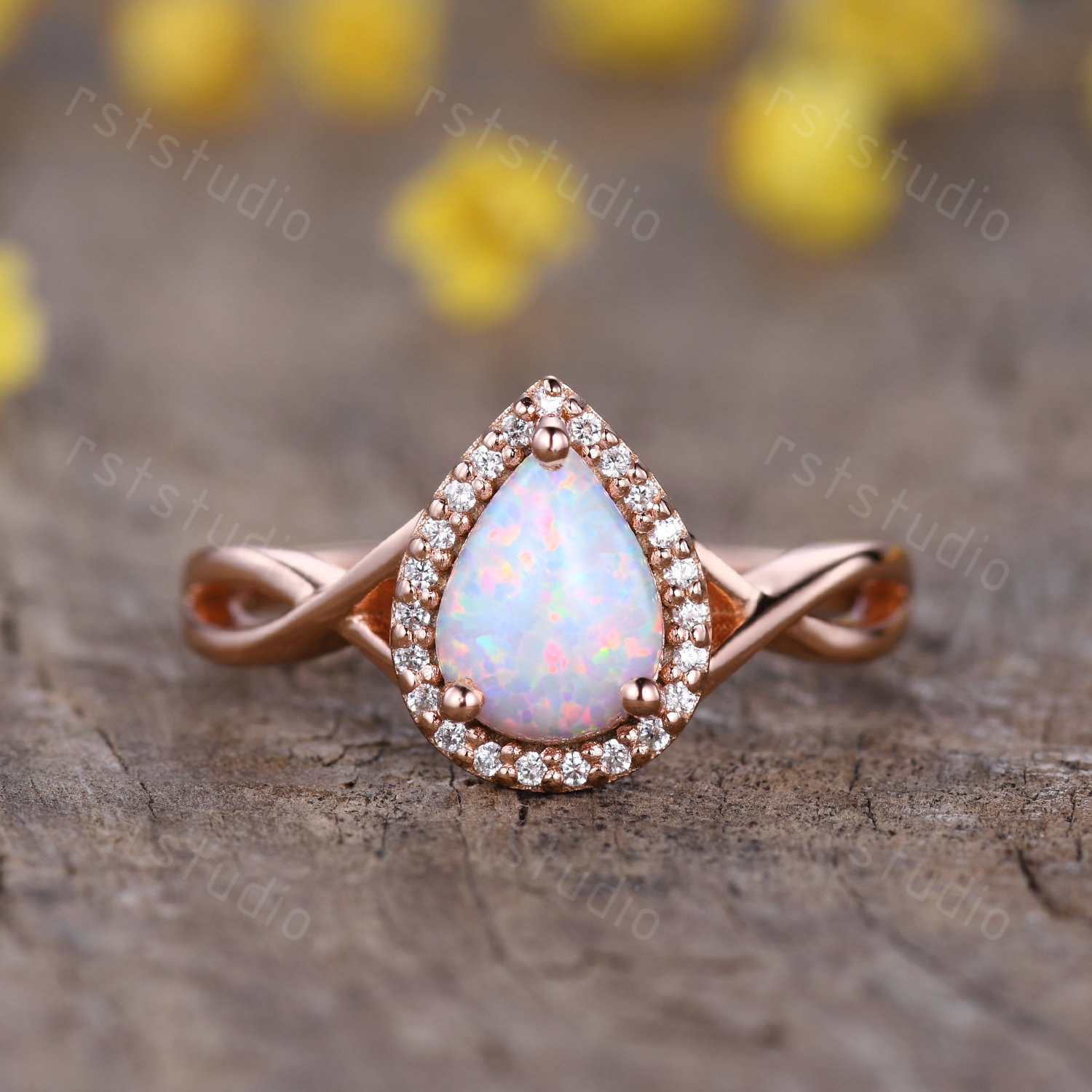 Tropfen Opal Verlobungsring, Einzigartiger Ring, Vintage Halo Diamant Ring Ehering, 14K Roségold Jahrestag Schmuck, Versprechen Silber von rststudio