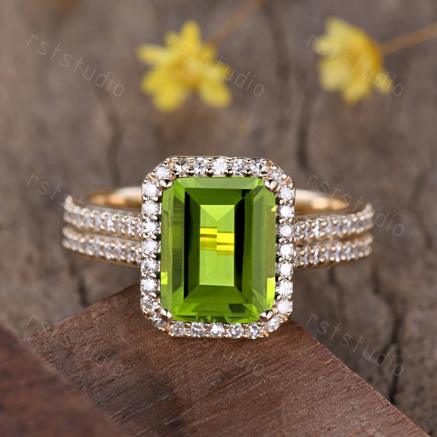 Vintage Peridot Verlobungsring 14K Gelb Gold Ring Diamant Band 8x10mm Grüner Stein Ringe Für Frauen 4mm Big Jahrestagsgeschenke von rststudio