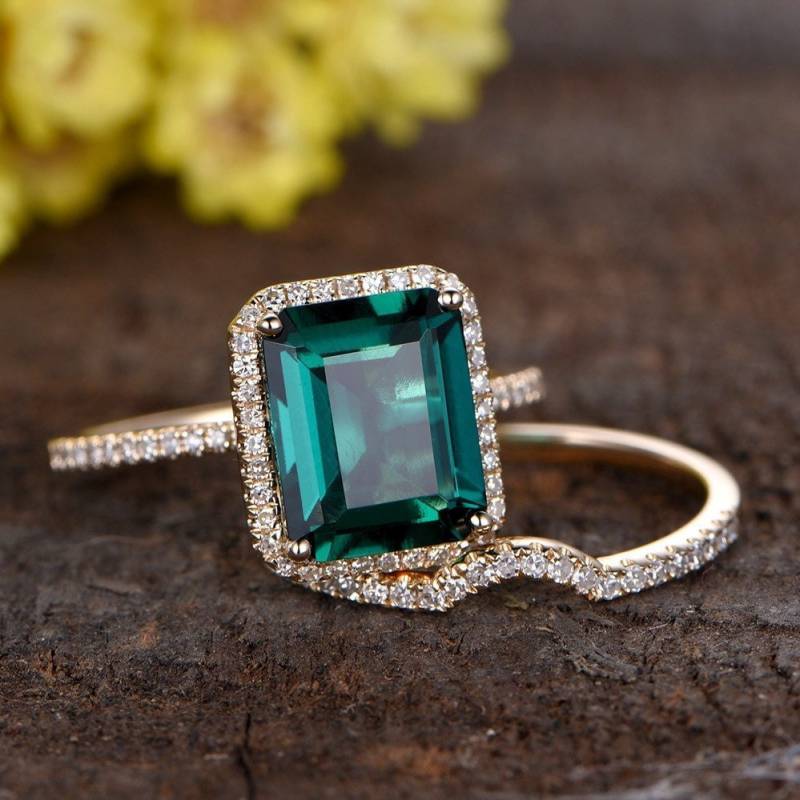 Vintage Smaragd Ring Mai Birthstone Einzigartige Verlobungsring Set Rosegold Kurve Diamant Ehering Jahrestag Frauen Geschenke von rststudio