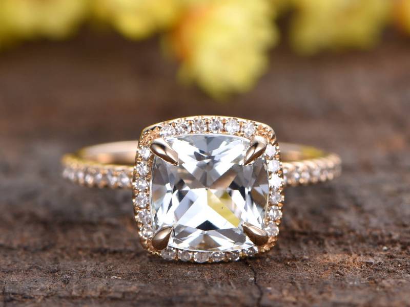 Weißer Topas Verlobungsring, Diamant Ehering, Halbe Ewigkeit Diamant Massiv 14K Gelbgold Versprechensring Kissenschliff Ringe Für Frauen von rststudio