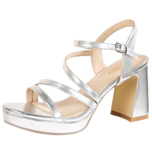 rsxses Plateauabsätze für Damen, Knöchelriemen, Riemchensandalen mit offenem Zehenbereich, Hochzeit, Abschlussball, Brautschmuck, Damenschuhe, Kleid, silber, 38.5 EU von rsxses