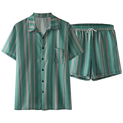 Anzug Herren 56 Herren Frühling und Sommer Top Short Set Striped Graphic Print Kurzarm Shirt Top und Cropped Short Set Hausanzüge Herren (Green, M) von rtdgcv
