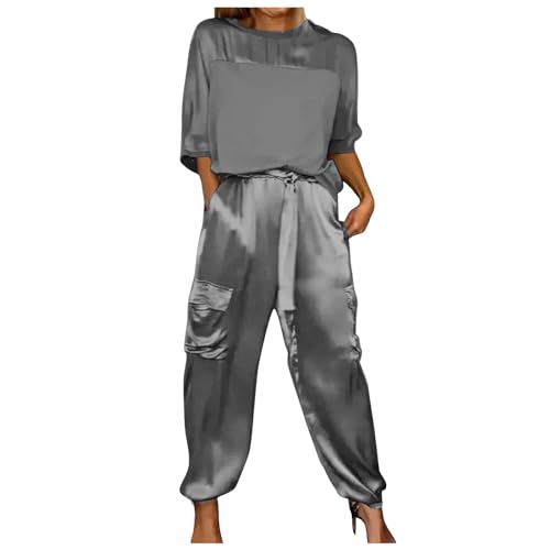 Damen Hosenanzug Damen-Set glattem Satin mit halben Ärmeln, Oberteil Hose. Lässiges Sommer-Pyjama-Set Satin für Damen Partnerlook Pärchen Jogginganzug Hosenanzug Damen Elegant Freizeitanzug (Grey, XL) von rtdgcv