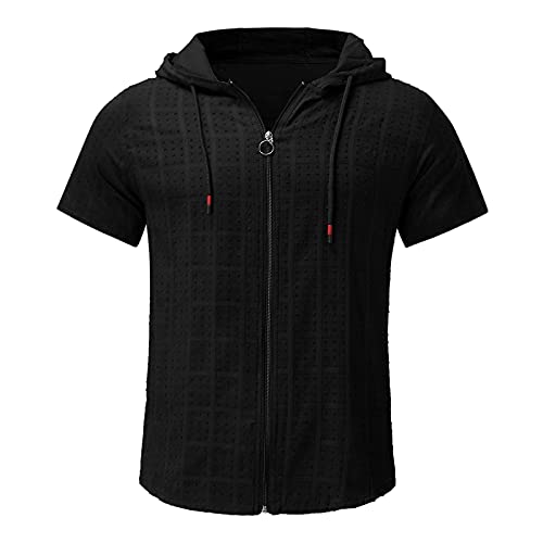 Flanell Herrenhemd Lässige Kurzarm-Reißverschluss-Hoodies-Bluse für Herren, solides Kordelzug-Oberteil, T-Shirt Herren Hemd Kurzarm Bügelfrei von rtdgcv
