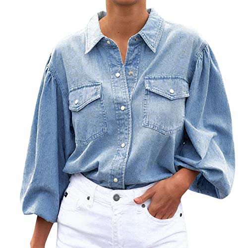 Jeansjacke Damen Kurz mit Puffärmeln Denim Jeans Damenhemden Vollärmeliges Hemd Jeanshemd mit Umlegekragen Damen Jeansjacke Kurz Tailliert Weiche Bequeme Einreihig Outwear Bubble Sleeve (Blue, L) von rtdgcv