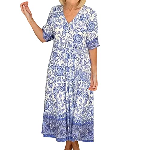 Mesh Kleid Frauen Kurzarm Floral Boho Kleid Sommer Sommerkleid Casual Wrap V-Ausschnitt A-Linie Boho Maxikleid Plissee Kleider Damen von rtdgcv
