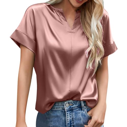 Satin Bluse Damen Elegant Kurzarm Basic Tunika Einfarbig V-Ausschnitt Oberteile Sommer Tops T Shirt Hemden Damen Blusen Kurzarm Sommer Bluse Damen Elegant Kurzarm (RD2, S) von rtdgcv